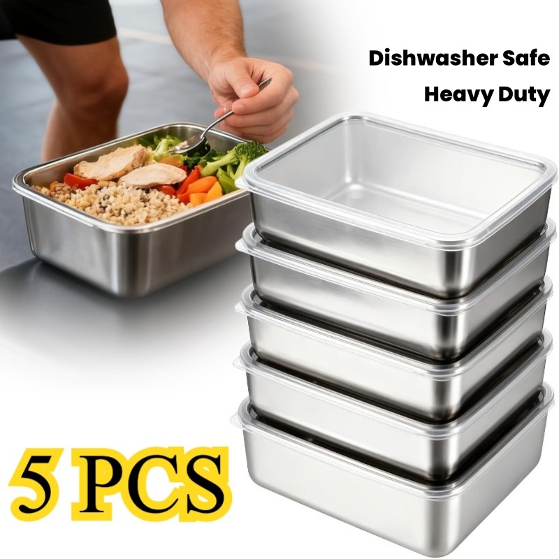 Camping Cooking Organizer - 5-teiliges Edelstahl-Lebensmittelbehälter-Set Auslaufsicher Stapelbar Wiederverwendbar für